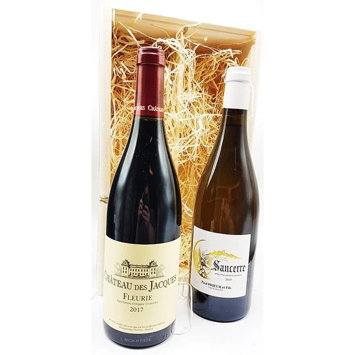 Wijngeschenk Frankrijk Rood-Wit Deluxe – Geschenk met Fleurie en Sancerre in Houten Kist