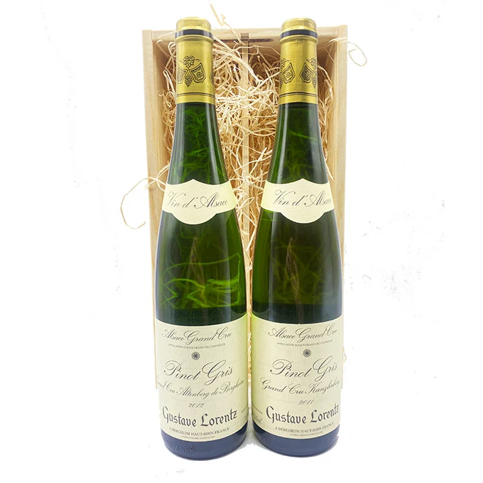 Wijngeschenk Pinot Gris Grand Cru – Luxe Geschenk met 2 Elzas Topwijnen in Houten Kist