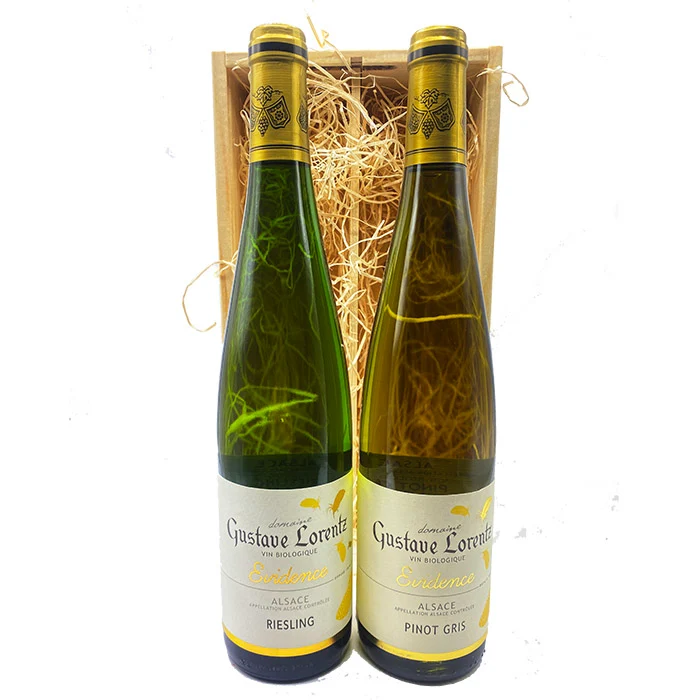 Wijngeschenk Evidence Elzas Deluxe – Luxe Geschenk met Biologische Pinot Gris en Riesling in Houten Kist