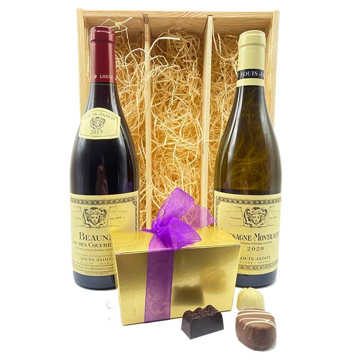 Chocolade- en Wijngeschenk Louis Jadot Exclusief – Luxe Geschenk met Bourgogne Wijnen en Belgische Bonbons