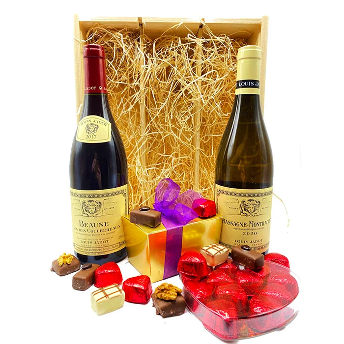 Liefdes Chocolade- en Wijngeschenk Louis Jadot Exclusief – Luxe Geschenk met Bourgogne Wijnen en Belgische Bonbons