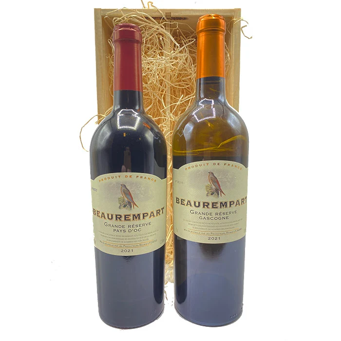 Wijngeschenk Beaurempart – Geschenk met Rode en Witte Franse Wijn in Luxe Houten Kist