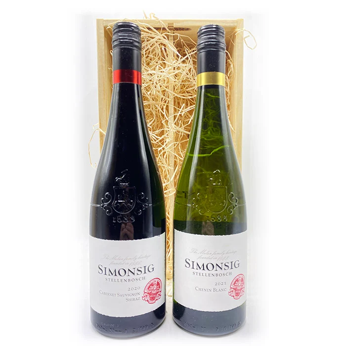 Wijngeschenk Zuid-Afrika – Geschenk met Chenin Blanc en Cabernet Sauvignon Shiraz in Luxe Houten Kist