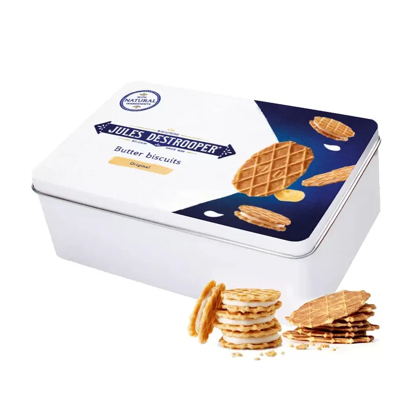 Jules Destrooper Crisp 'n Cream Vanille & Natuurboterwafels - tinnen koekjesblik - 186g