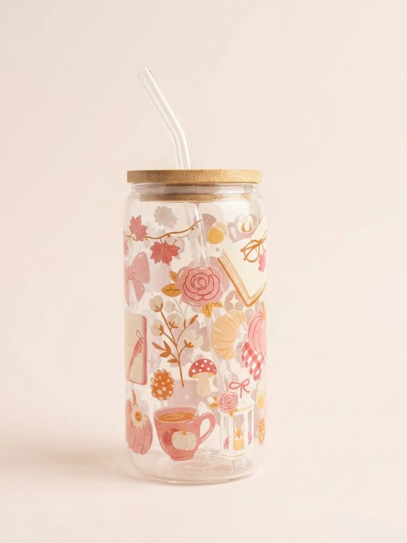 Cozy fall Glazen drinkbeker met rietje & bamboe deksel