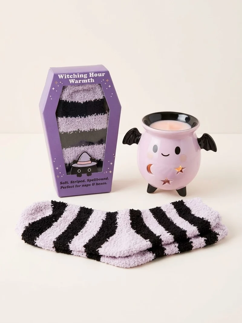 Halloweenset vleermuis olie-waxmeltbrander + sokken