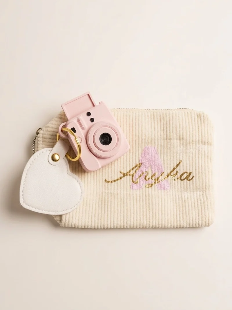 Gepersonaliseerde Gift Set – Ribfluwelen Etui met Initiaal & Naamsopdruk + Instax Camera & Hart Hanger
