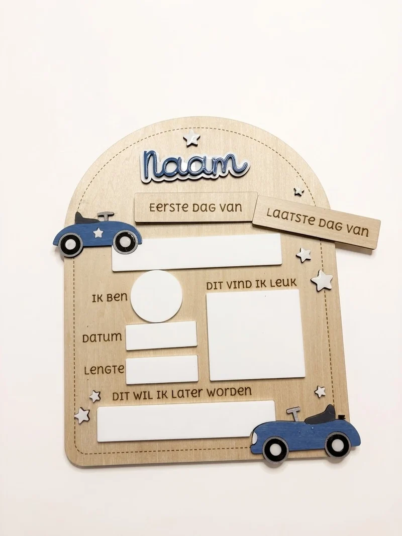 Gepersonaliseerd Houten Mijlpaalbord – Eerste & Laatste Schooldag - Vintage auto