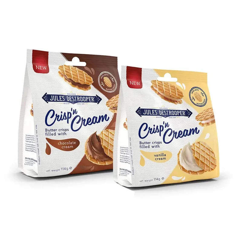 Jules Destrooper Crisp 'n Cream Natuurboterwafels - vanille & pure chocolade - 2 x 114g