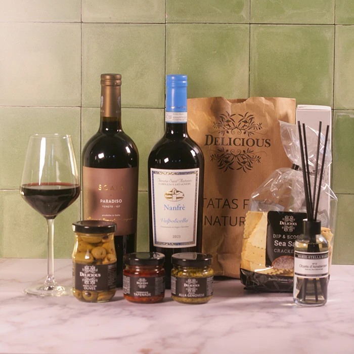 Geschenkbox Italië – Wijngeschenk met Italiaanse Wijnen, Delicatessen en Marie-Stella-Maris