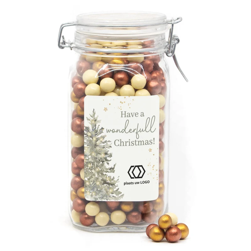 Grote weckpot met chocopearls en eigen logo - Kerst