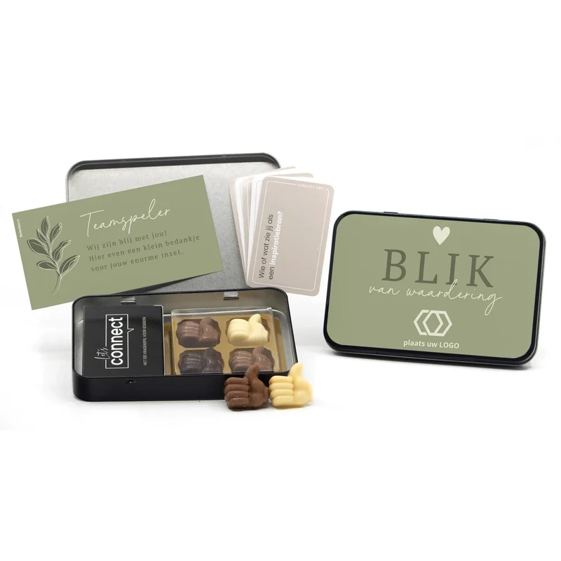 Let's Connect 100 vragenspel in blik met chocolade duimpjes - Vrijwilliger