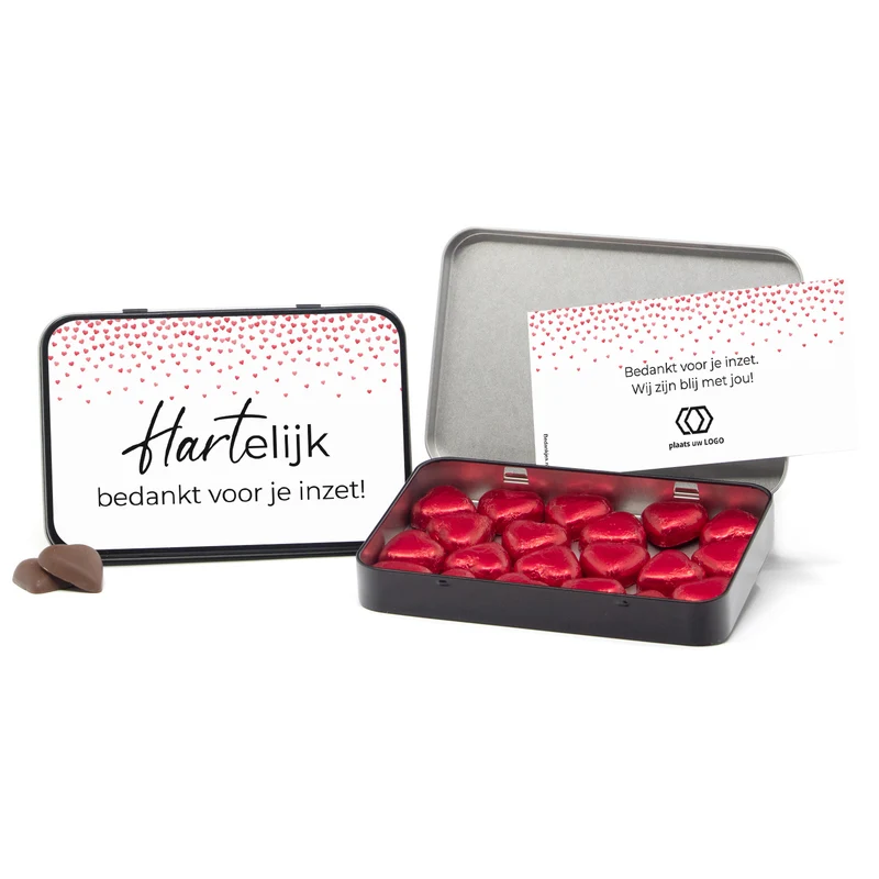 Chocolade harten in blik met persoonlijke kaart - Leraar