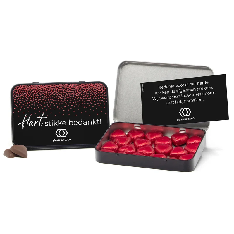Chocolade harten in blik met persoonlijke kaart - Zakelijk