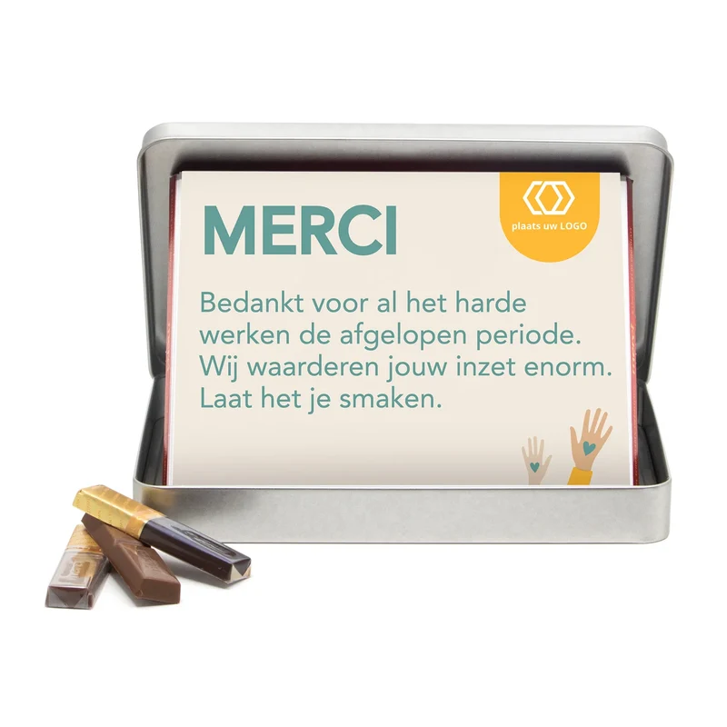 Blik met Merci doos en eigen logo - Zakelijk
