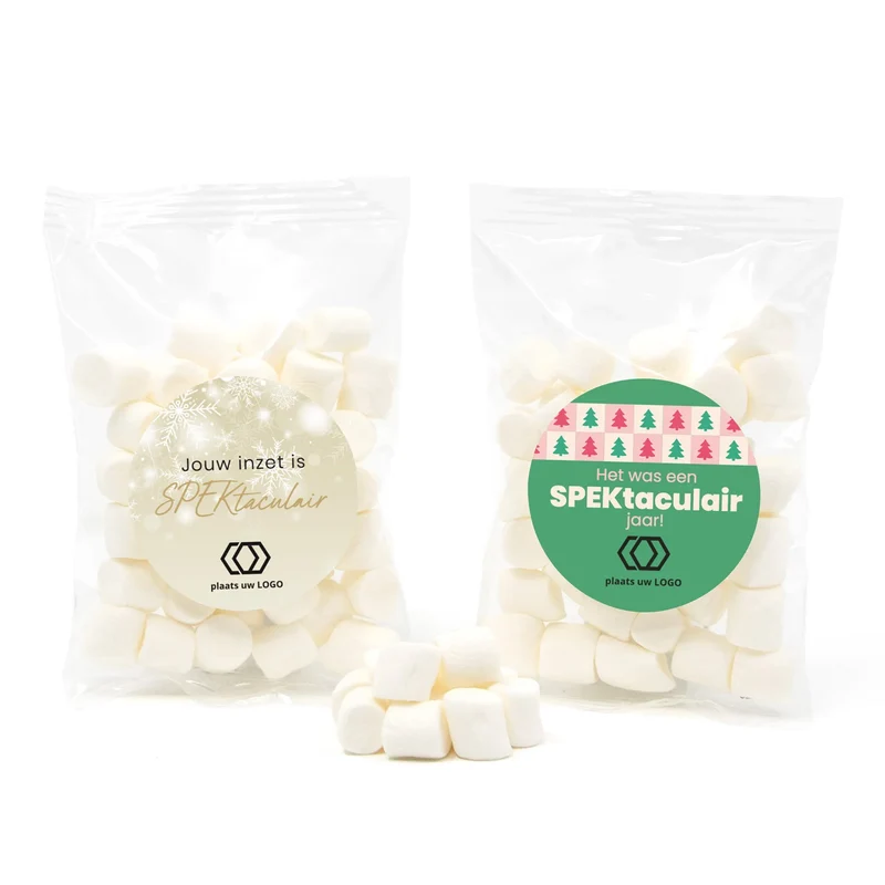 Zakje mini marshmallows met eigen etiket - Kerst