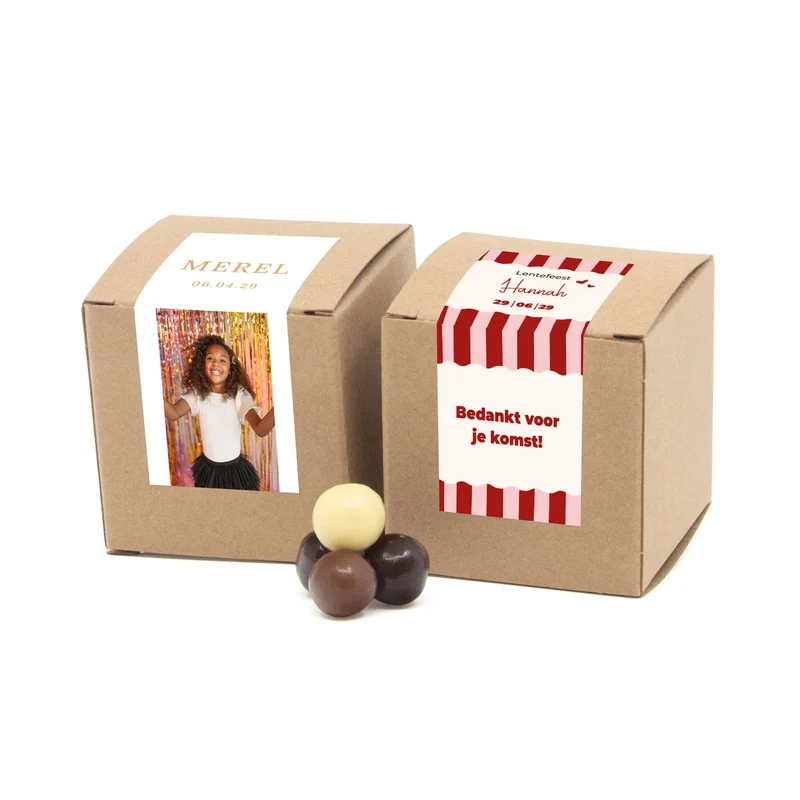 Kubusdoosje bio kraft met eigen etiket - Communie meisje
