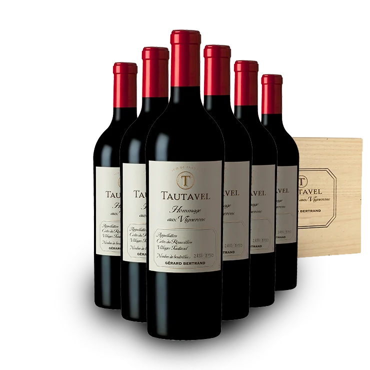 Hommage aux vignerons AOP Côtes du Roussillon Villages Tautavel 2022 – 75cl Caisse Bois 6 Bouteilles vin rouge