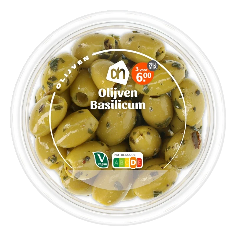 Groene olijven met basilicum