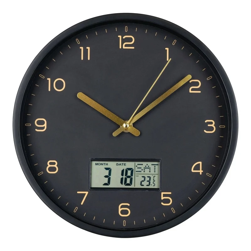 Wandklok met digitale display en stil uurwerk