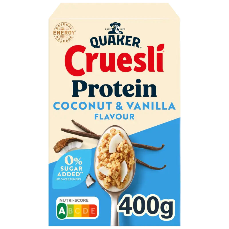 Quaker Cruesli protein coconut & vanilla smaak