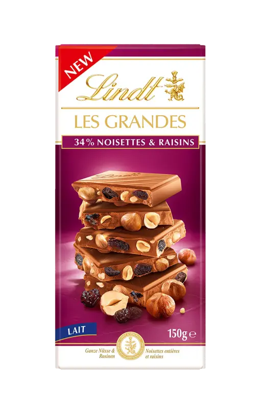 Lindt Les grandes 34% noisettes & raisins