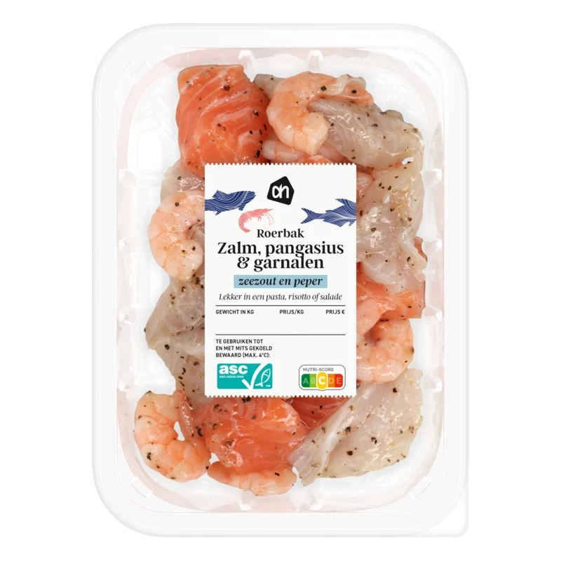 Roerbak zalm pangasius garnalen zeezout