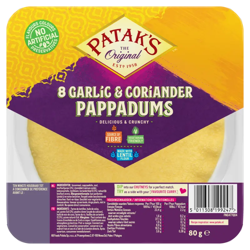 Patak's Pappadums garlic coriander kant en klaar