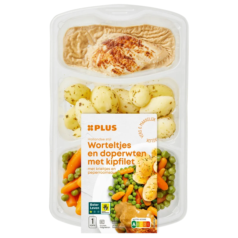 Wortel erwt kipfilet peperroomsaus