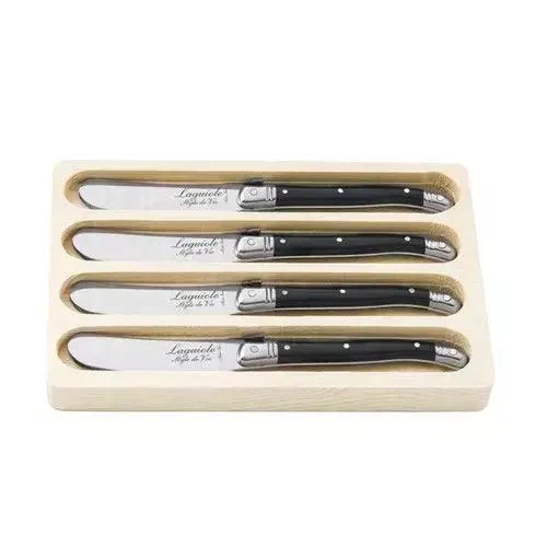 Premium Line botermessen zwart in houten tray (set van 4)