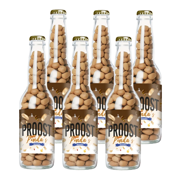 Pinda's Proost Gezouten 220 gram, 6 bierflesjes vol heerlijke gekruide pinda's