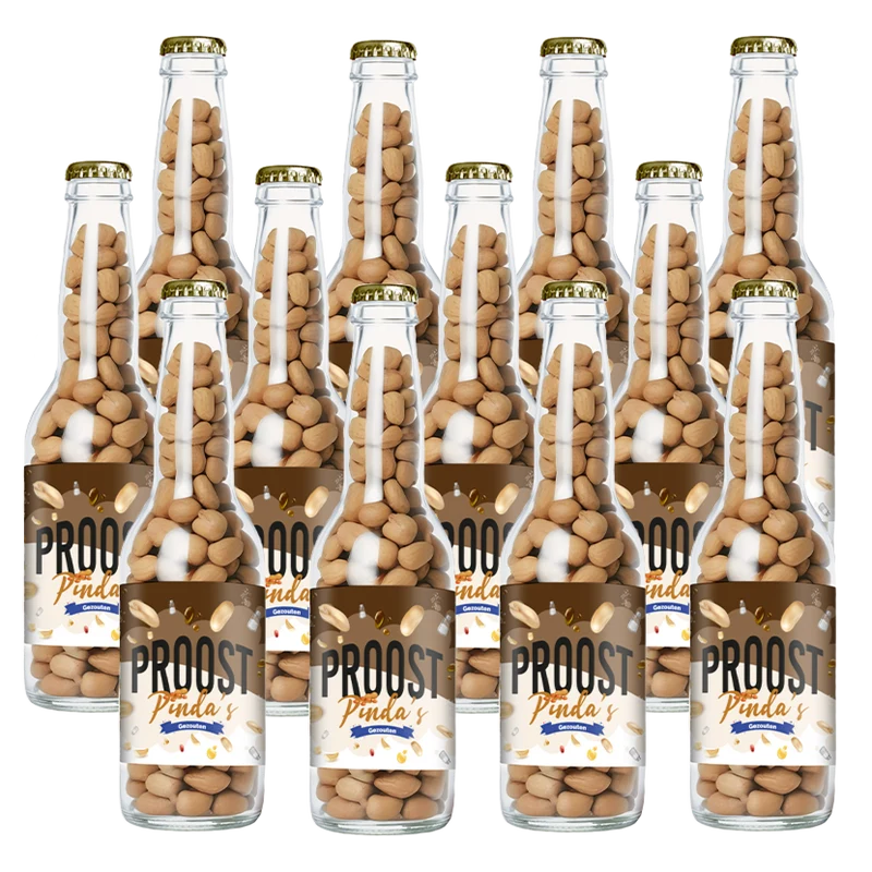 Pinda's Proost Gezouten 220 gram, 12 bierflesjes vol heerlijke gekruide pinda's
