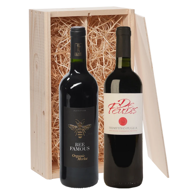 Wijncadeau Bee Famous & De Feudis Rood 2x75CL