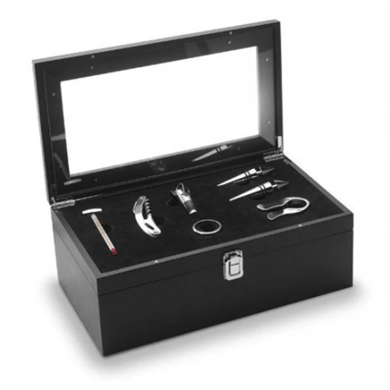 Wijnkist zwart 2-vaks met accessoires