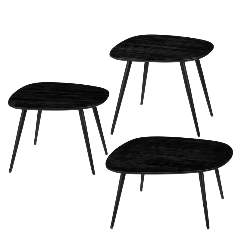 Jailey Bijzettafel - Set van 3 - L62 x B52 x H34 cm - Gerecycled Hout - Zwart