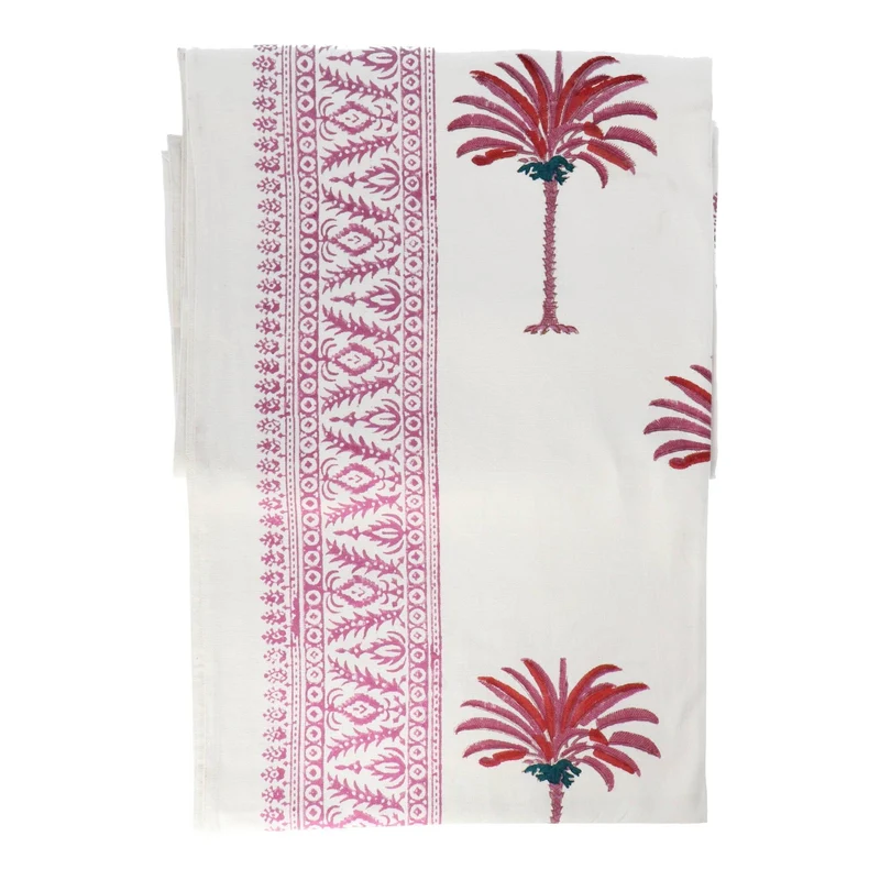 Tafelkleed handgeprint roze wit palmboom 250x150cm