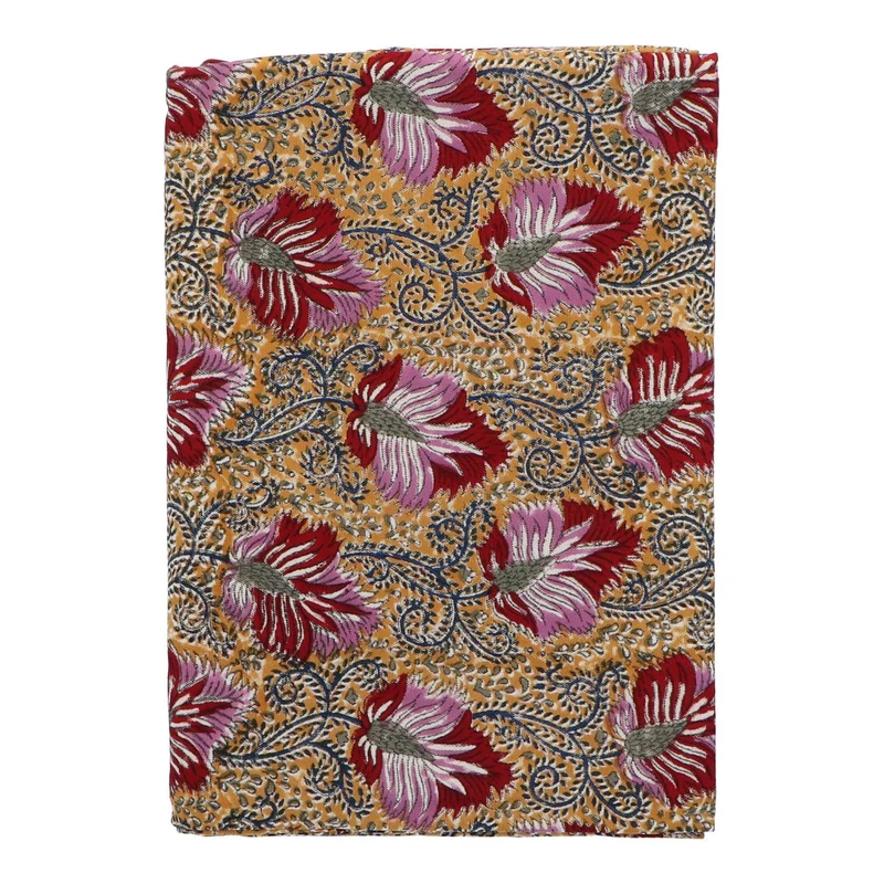 Tafelkleed handgeprint katoen geel paars 250x150cm