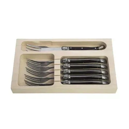 Premium Line taartvorken zwart in houten tray (set van 6)