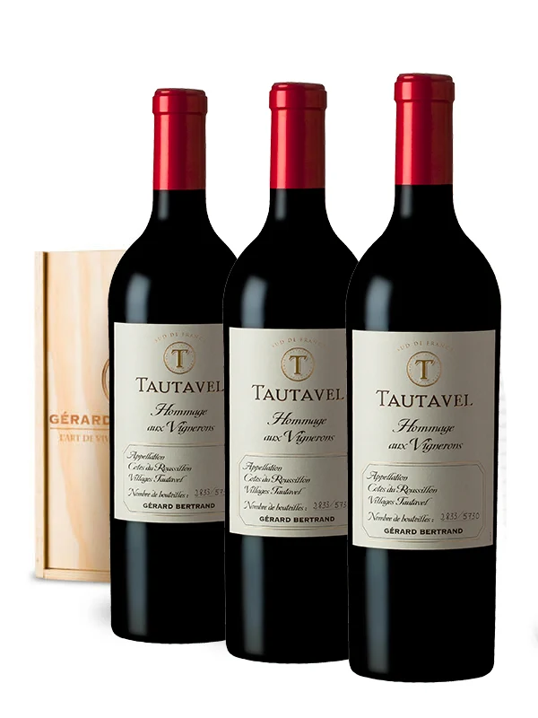Hommage aux vignerons AOP Côtes du Roussillon Villages Tautavel 2022 – Caisse Bois 3 Bouteilles vin rouge