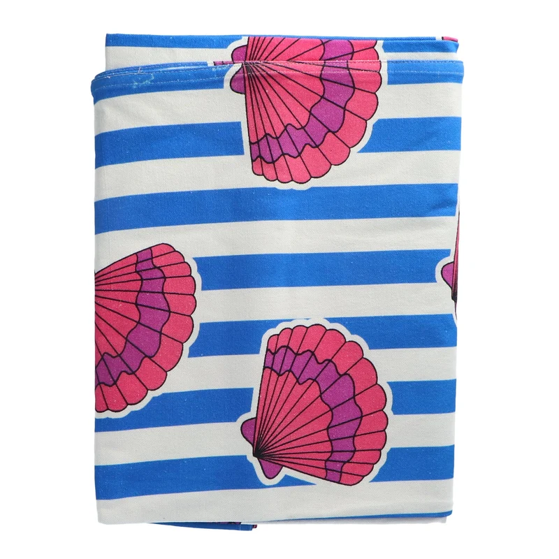 Tafelkleed handgeprint blauw wit gestreept met schelpmotief 250x150cm
