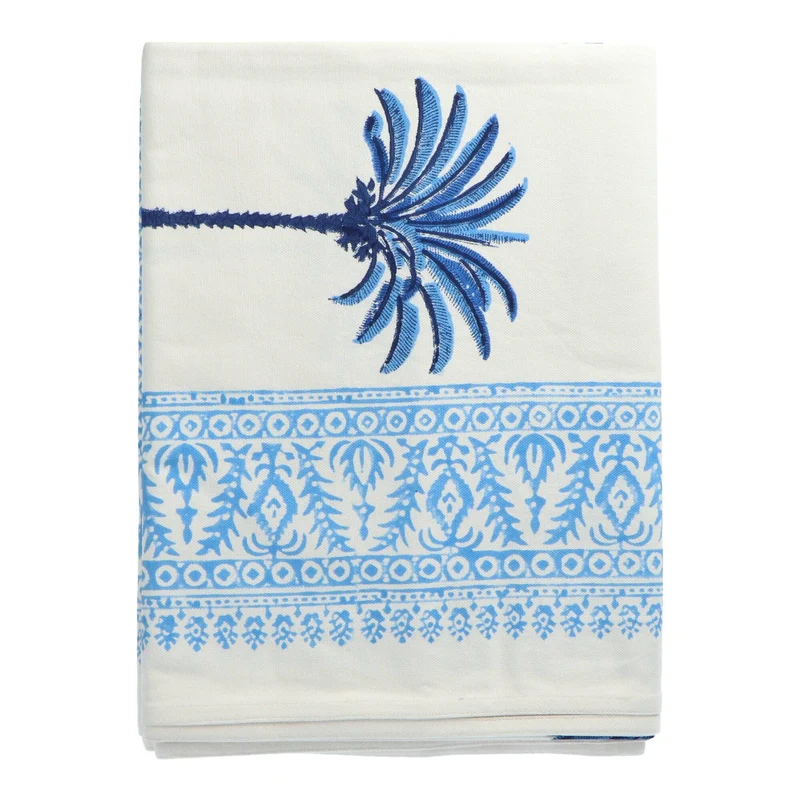 Tafelkleed handgeprint wit blauw palmboom 250x150cm