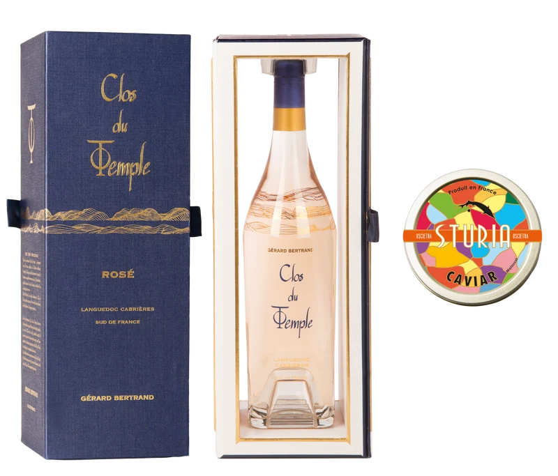 Offre Prestige Clos du Temple 2023 dans son Étui et une boîte de Caviar par Sturia