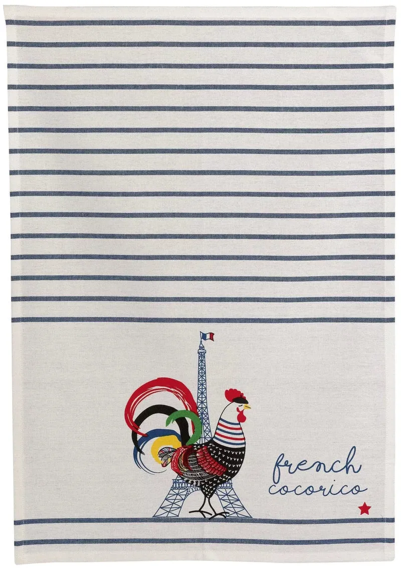 Gerecyclede theedoek Frans Cocorico Ecru/blauw 50 x 70