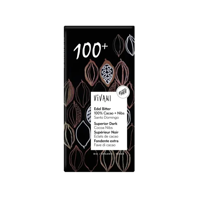 Vivani Chocolade puur superieur 100% + cacao nibs 80 gram